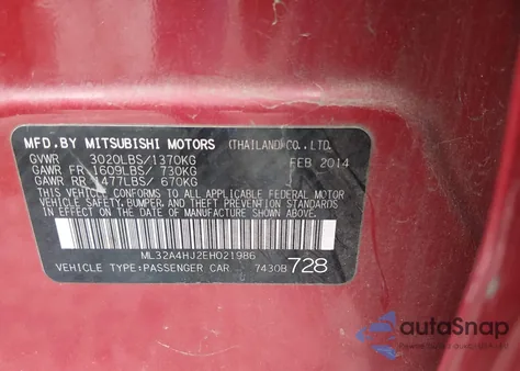2014 Mitsubishi Mirage Es z USA, uszkodzony, nr VIN ML32A4HJ2EH021986